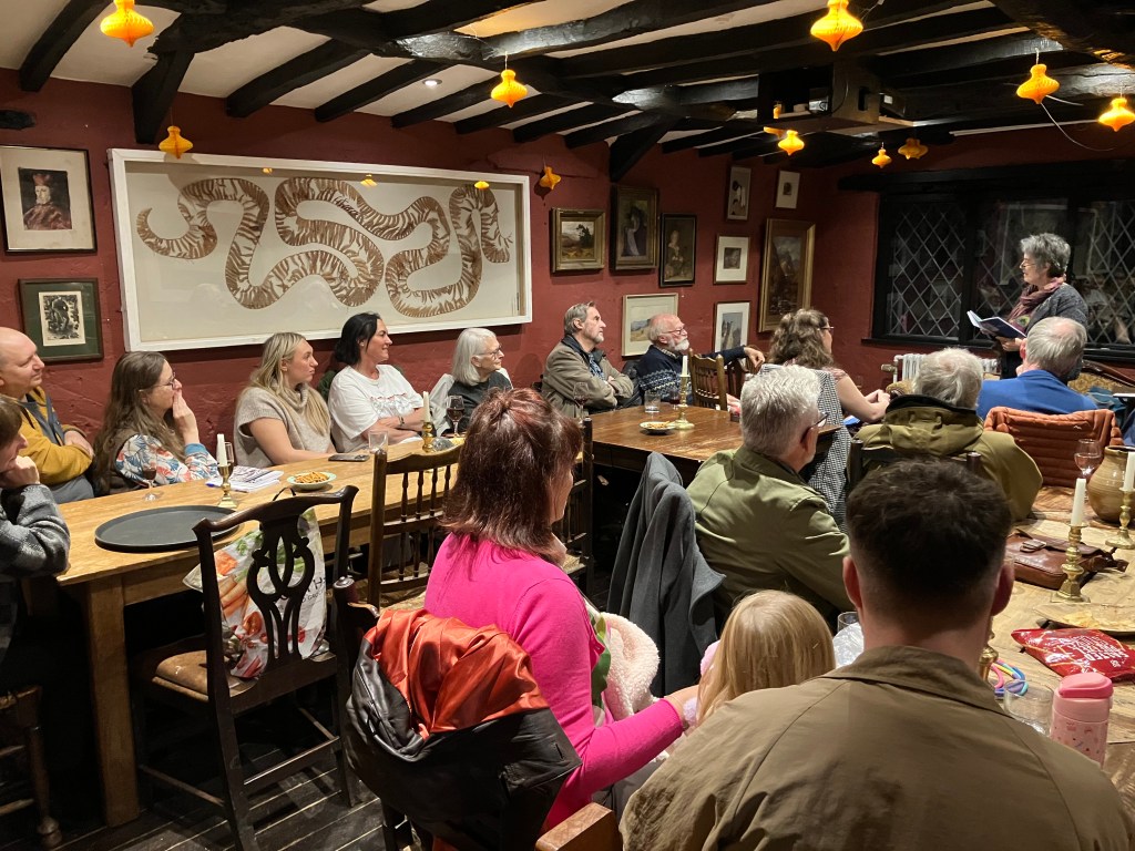 Ilse reading in the dining room of the Farmer's Arms Lowick Green